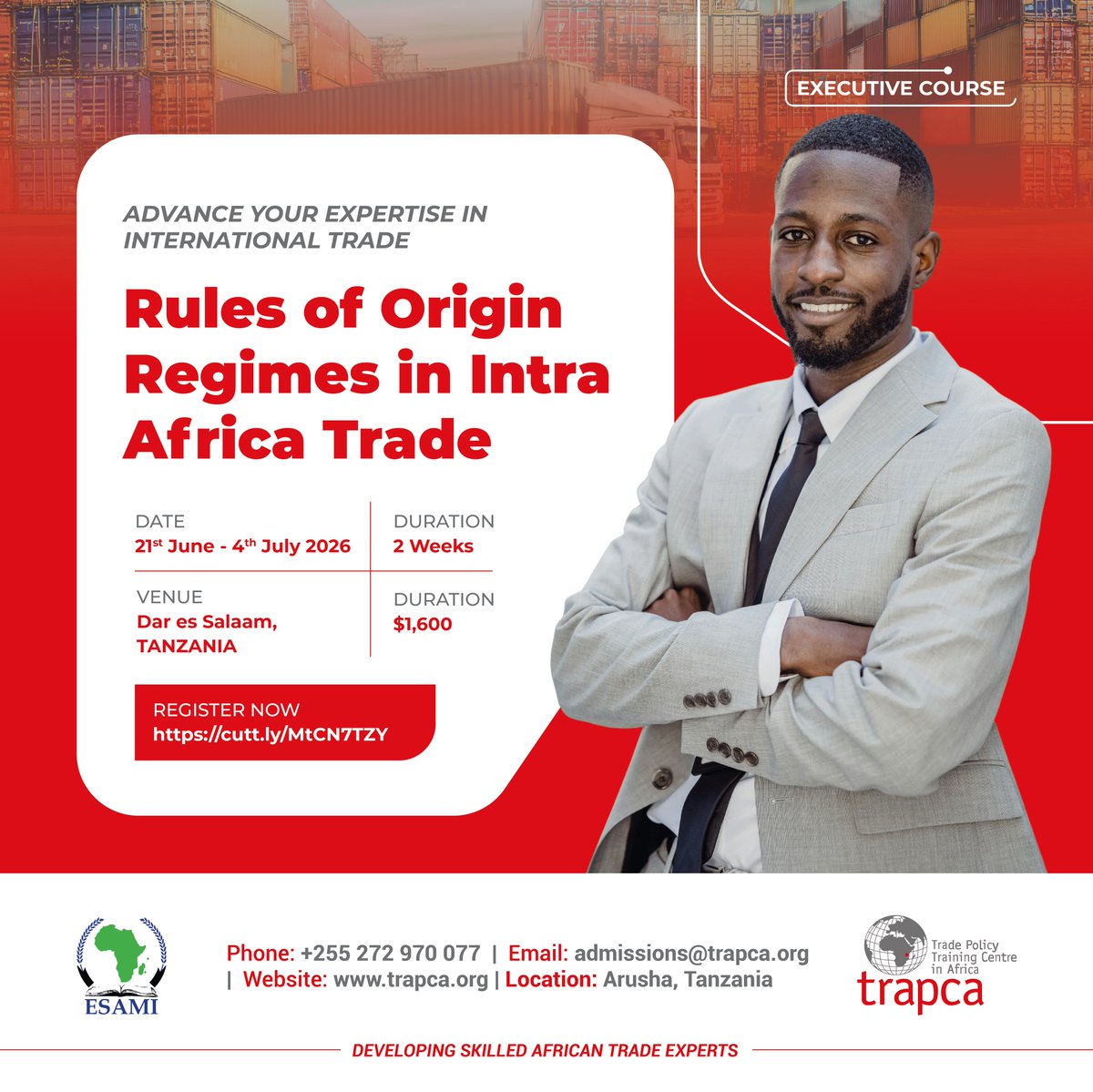 esami_trapca's tweet photo. Unlock the power of intra-African #trade through a deeper understanding of Rules of Origin under the #AfCFTA.  Join our upcoming Executive Course - Rules of Origin Regimes in #IntraAfricaTrade.

📌Register:https://t.co/ooHtLaKpUv 

#TRAPCA #RegionalIntegration
@ESAMI_INSTITUTE https://t.co/R8m9wuhDvl