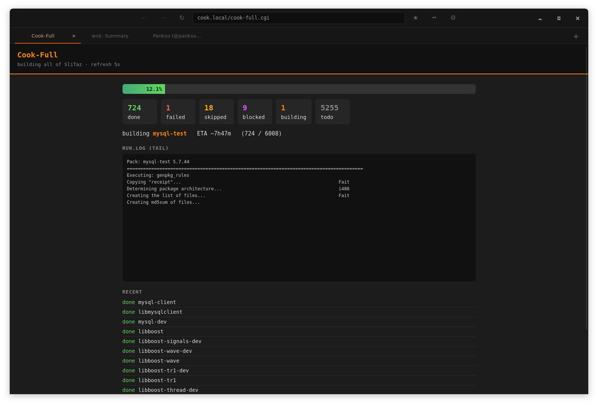 pankso's tweet photo. Rebuilding the whole distro from source, unattended: ~6000 SliTaz packages. 

cook-full is a Python orchestrator over `cook` — topological dependency waves, impact-based halts, cross-run learning, skip-lists, alive dashboard.

Every halt drags a long-dormant receipt bug into the light. Owning your stack means building all of it. 🐭 #SliTaz #Linux #gcc #Python