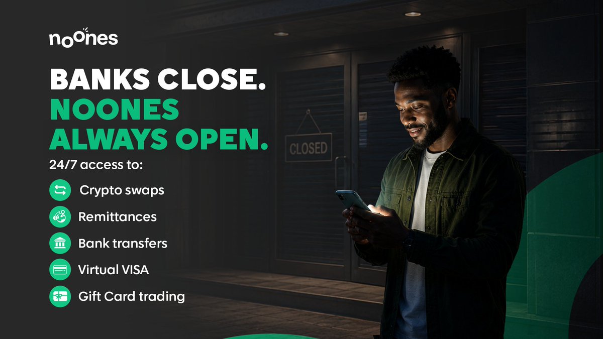noonesapp's tweet photo. Banks may close for the night, but your financial needs don't.

With NoOnes, access swaps, remittances, bank transfers, virtual VISA payments, and gift card trading—anytime, anywhere. 🌙📱 https://t.co/qgNREGS35E