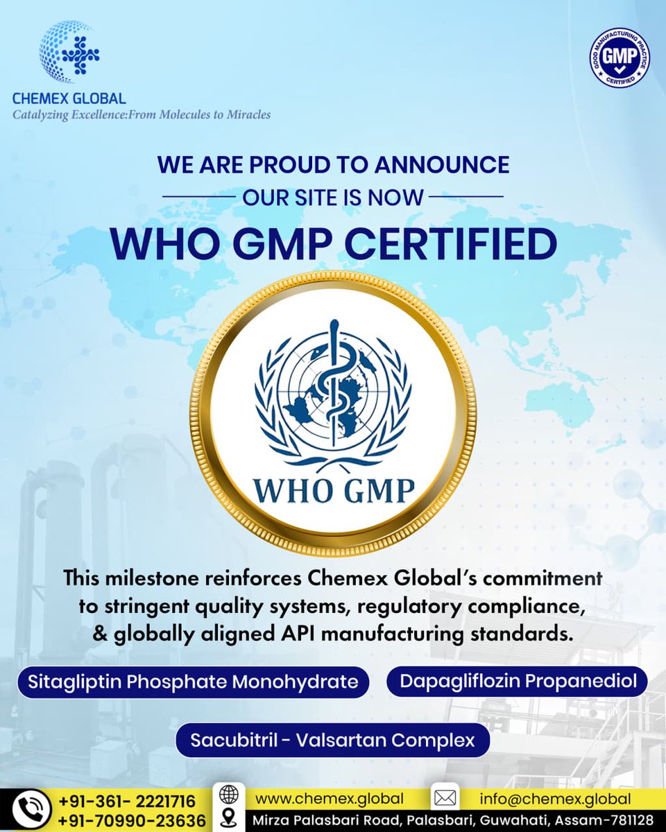 ChemexG's tweet photo. Quality is not a milestone—it is a continuous commitment.

We are proud to announce that our manufacturing site has been awarded WHO-GMP certification, validating the quality systems, regulatory compliance, and manufacturing excellence that drive our operations every day. https://t.co/8AraAjx2Wg