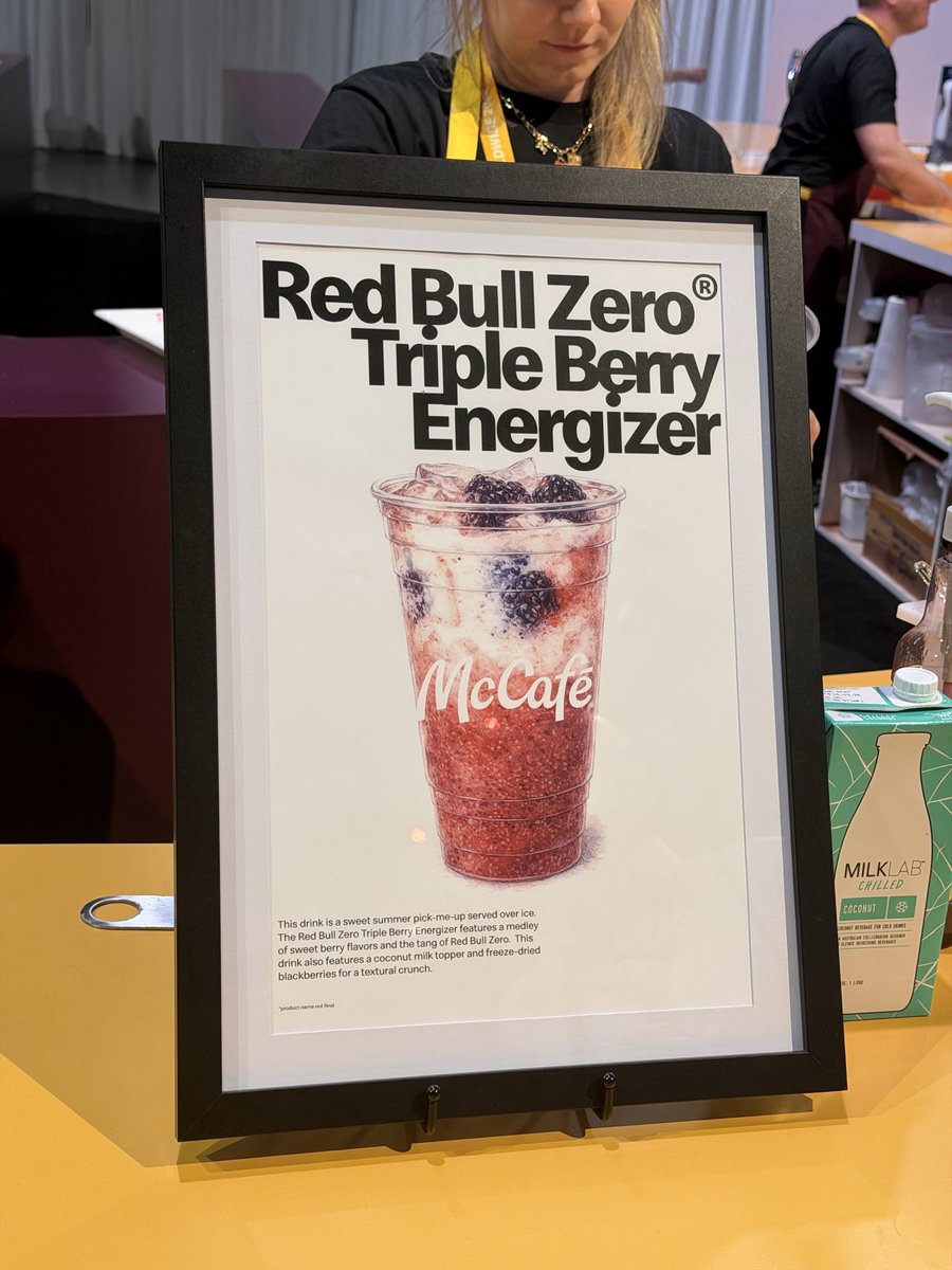 McFranchisee's tweet photo. You don’t typically see a new drink partner at @McDonalds. In fact, it’s rare. Coke dominates and supplies everything from bulk syrup to coffee to tea. Dr Pepper is a secondary vendor.

Now we have a 3rd major drink partner.  I’m looking forward to this Red Bull partnership & I know Red Bull is equally excited to be in the McFamily.  McD will go from essentially zero to the third largest distributor worldwide for Red Bull overnight. That’s a crazy stat. 

These drinks were at the McD McCafe Booth, interesting to see boba, cold foam, and fruit added to a Red Bull. Lot of zero options…. 👀😍

What are you ordering?

 #McDWW26