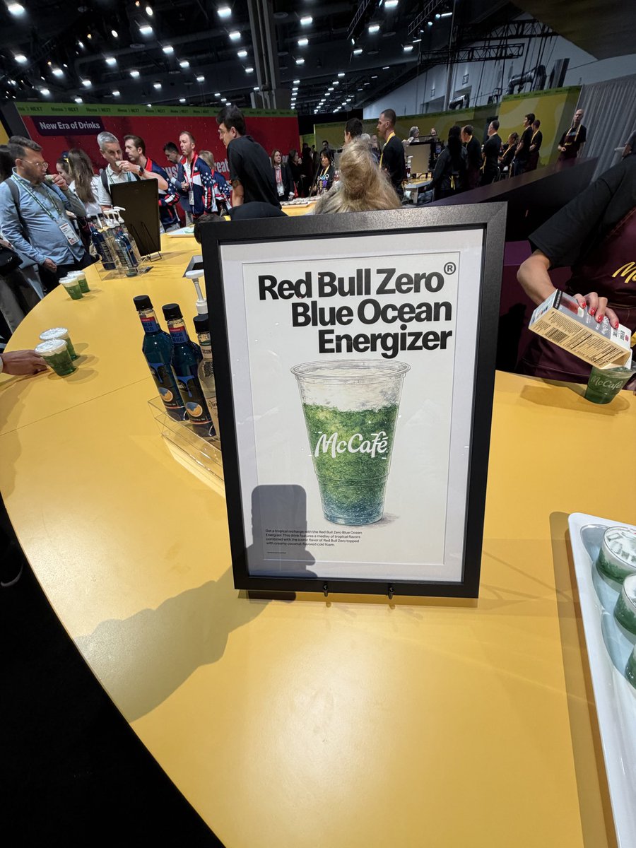 McFranchisee's tweet photo. You don’t typically see a new drink partner at @McDonalds. In fact, it’s rare. Coke dominates and supplies everything from bulk syrup to coffee to tea. Dr Pepper is a secondary vendor.

Now we have a 3rd major drink partner.  I’m looking forward to this Red Bull partnership & I know Red Bull is equally excited to be in the McFamily.  McD will go from essentially zero to the third largest distributor worldwide for Red Bull overnight. That’s a crazy stat. 

These drinks were at the McD McCafe Booth, interesting to see boba, cold foam, and fruit added to a Red Bull. Lot of zero options…. 👀😍

What are you ordering?

 #McDWW26
