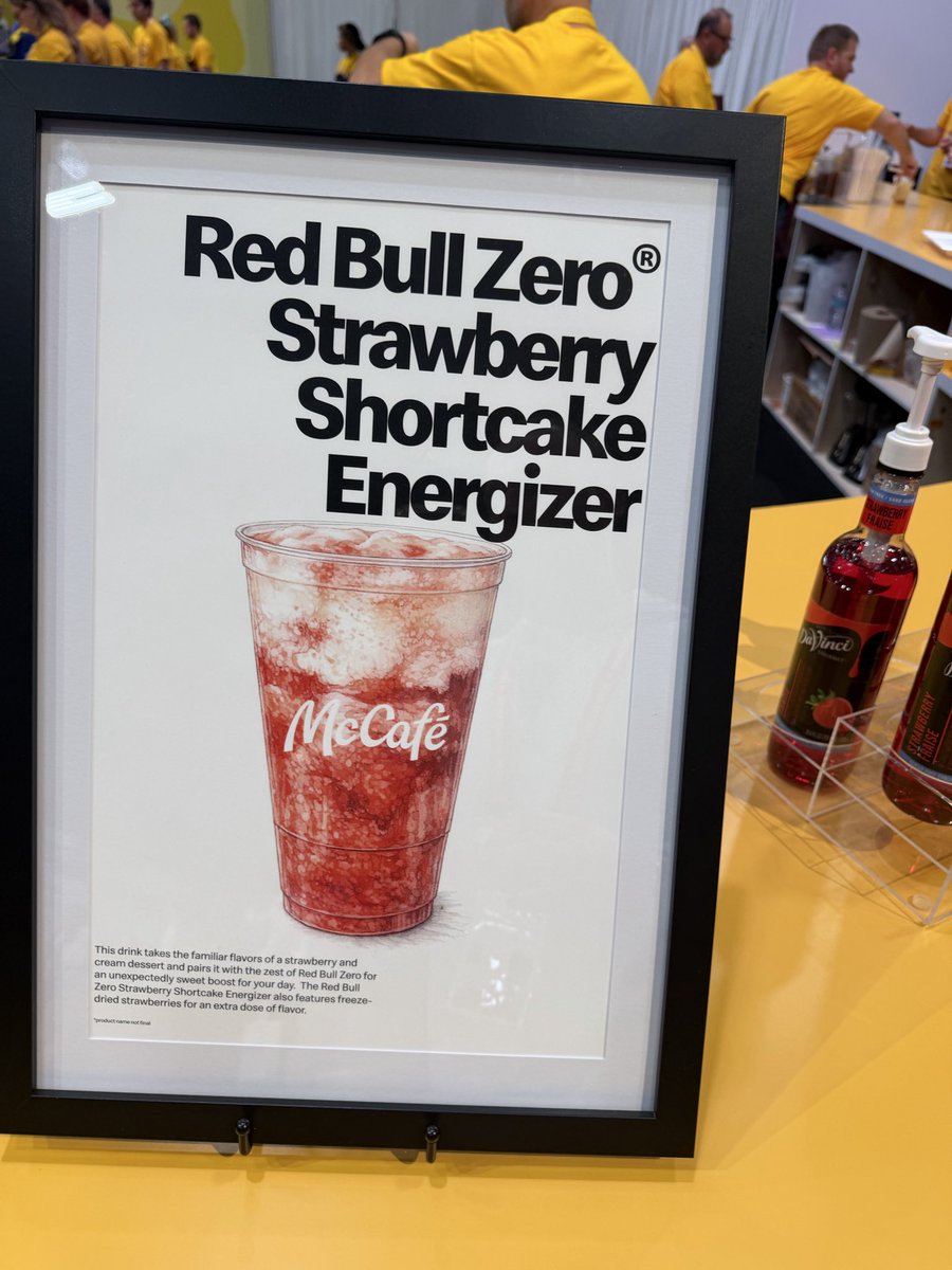 McFranchisee's tweet photo. You don’t typically see a new drink partner at @McDonalds. In fact, it’s rare. Coke dominates and supplies everything from bulk syrup to coffee to tea. Dr Pepper is a secondary vendor.

Now we have a 3rd major drink partner.  I’m looking forward to this Red Bull partnership & I know Red Bull is equally excited to be in the McFamily.  McD will go from essentially zero to the third largest distributor worldwide for Red Bull overnight. That’s a crazy stat. 

These drinks were at the McD McCafe Booth, interesting to see boba, cold foam, and fruit added to a Red Bull. Lot of zero options…. 👀😍

What are you ordering?

 #McDWW26