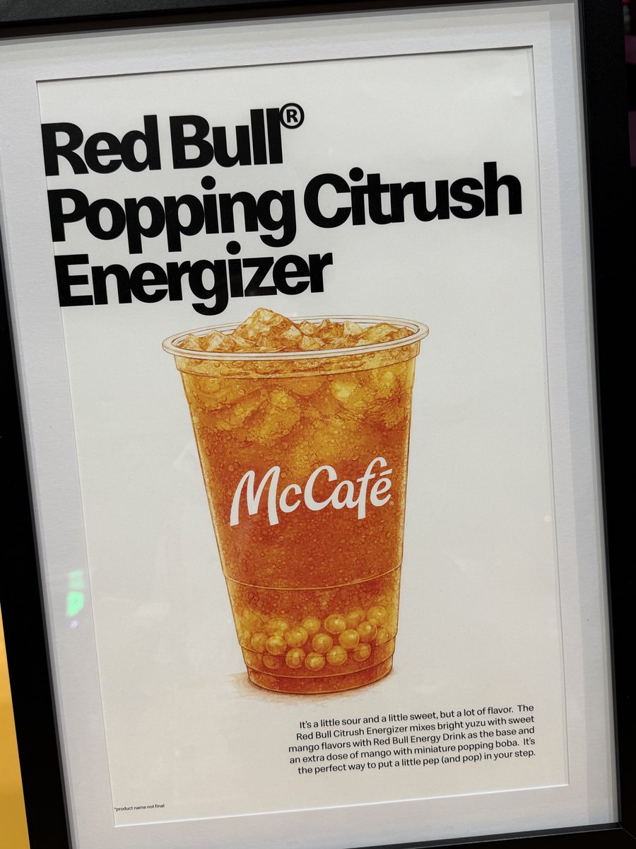 McFranchisee's tweet photo. You don’t typically see a new drink partner at @McDonalds. In fact, it’s rare. Coke dominates and supplies everything from bulk syrup to coffee to tea. Dr Pepper is a secondary vendor.

Now we have a 3rd major drink partner.  I’m looking forward to this Red Bull partnership & I know Red Bull is equally excited to be in the McFamily.  McD will go from essentially zero to the third largest distributor worldwide for Red Bull overnight. That’s a crazy stat. 

These drinks were at the McD McCafe Booth, interesting to see boba, cold foam, and fruit added to a Red Bull. Lot of zero options…. 👀😍

What are you ordering?

 #McDWW26