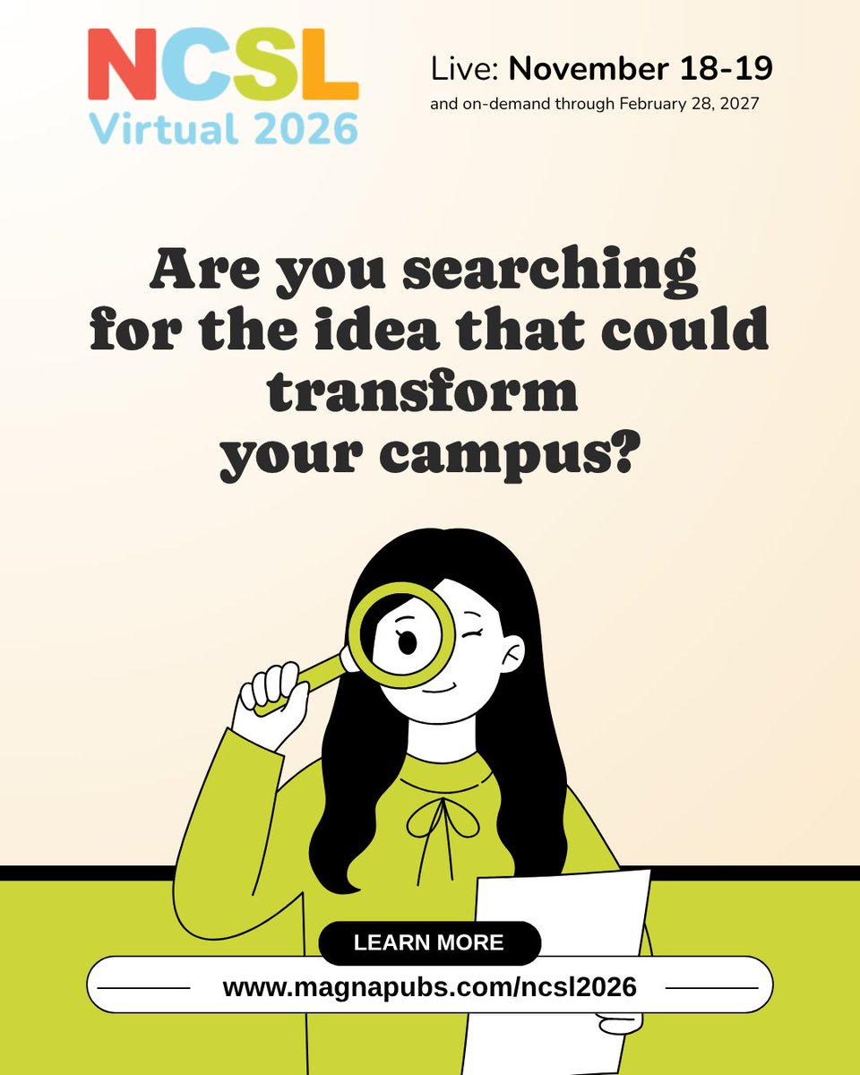 NCSLConference's tweet photo. The next breakthrough for your campus could start with a single conversation.

At NCSL Virtual 2026, you'll discover fresh perspectives, practical strategies, and innovative ideas designed to improve student life outside the classroom.

Register now.
🔗 https://t.co/xVwK5Cu1Od https://t.co/aJRYvyz7Rq