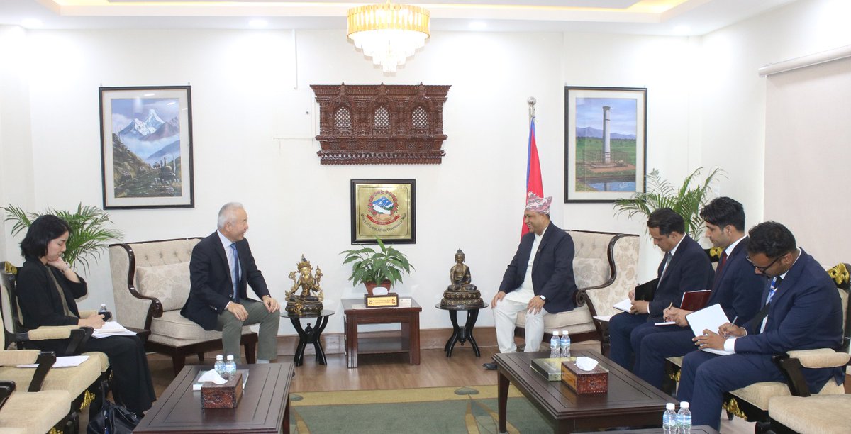 MofaNepal's tweet photo. Hon. Foreign Minister Mr Shisir Khanal received Ambassador of Japan to Nepal H. E. Mr MAEDA Toru, at the Ministry today.

During the courtesy call on, views were exchanged on further strengthening Nepal-Japan relations through enhanced cooperation in mutually beneficial areas. https://t.co/ocU8bmlLlN