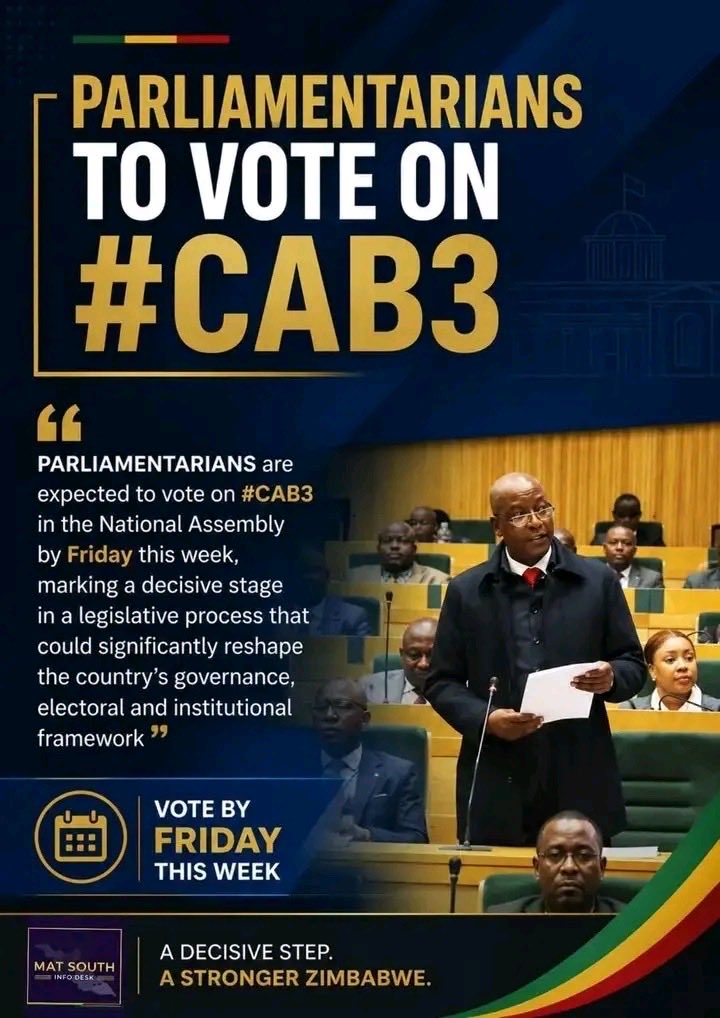 CdeTraba's tweet photo. Zimbabwe’s constitutional reform process is entering its decisive phase, with @ParliamentZim expected to vote on Constitutional Amendment Bill No. 3 #CAB3 later this week. The legislative cycle is set to conclude by the end of June 2026, marking a critical milestone in reshaping governance, electoral systems, and institutional structures. The Bill has drawn significant public attention due to the scope and weight of its proposed changes.

@ParliamentZim adjourned on Friday and will resume sittings on Tuesday to continue deliberations. While some groups outside Parliament remain opposed, the final decision rests with elected legislators in the National Assembly and Senate. If endorsed by both chambers, the Bill will return to the National Assembly for formal adoption at the third reading stage, completing the process.

Supporters argue that #CAB3 will entrench nationhood by strengthening policy continuity, reducing polarisation, and creating a stable environment for long‑term development. They describe it as a transformative blueprint for Zimbabwe’s political and economic future — advancing inclusive growth, democratic reform, and national unity. Through its 21 clauses, the Bill seeks to deliver structural renewal, greater transparency, and equitable development, while reaffirming principles such as land justice, freedom, and universal suffrage.