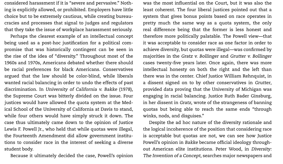 RichardHanania's tweet photo. Here's good evidence that wokeness comes from law.

Before the 1978 Bakke decision, newspapers and court decisions basically never mentioned the benefits of diversity in higher education. 

After Bakke, it was everywhere.

The concept was invented to justify a court decision. https://t.co/2ayG64GF0k