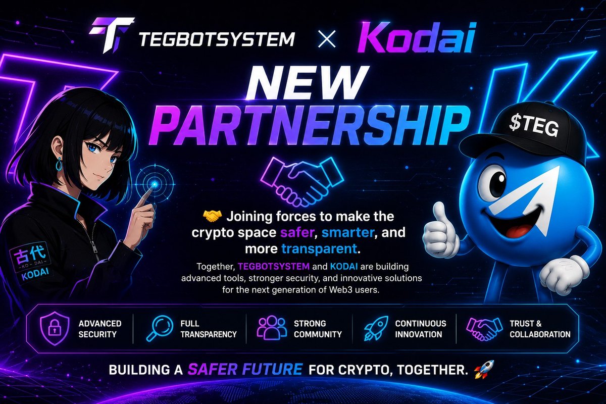 Kodai_xyz's tweet photo. 🚀 Partnership Announcement

We are excited to announce a strategic partnership between @tegbotsystem and Kodai.

Together, we are combining powerful Web3 infrastructure, AI innovation, and community-driven growth to create a stronger ecosystem for projects and users across the Solana network.

About TEGBotSystem

TEGBotSystem is a complete ecosystem built on Solana, designed to help projects gain visibility, attract communities, and accelerate growth.

Key products include:

🔥 TegPad – A next-generation launchpad for fair launches and pre-releases.

- Tax creator 0.3% -

📈 TegTrend – A powerful trending platform that helps projects reach new audiences and increase exposure.

🤖 TEGBotSystem Tools – Multiple growth and engagement solutions designed specifically for the Solana ecosystem.

The entire ecosystem is powered by the $TEG token.

$TEG holders benefit from:
• Passive income opportunities
• Fixed income rewards
• Revenue sharing across the TEGBotSystem ecosystem
• Exclusive ecosystem benefits and future utilities

About Kodai

Kodai is building the future of intelligent Web3 experiences through:

🛡️ Kodai Guardian – Advanced protection and security solutions.

🤖 AI Agents – Intelligent automation tools designed to enhance Web3 interactions.

🎮 Gaming Ecosystem – Innovative gaming experiences powered by AI and blockchain technology.

Kodai's mission is to create smarter, safer, and more accessible experiences for the next generation of Web3 users.

Building the Future Together

This partnership represents a shared vision:

🔒 Enhanced Security
🤖Advanced AI Solutions
📈 Greater Project Visibility
🌍 Stronger Communities
🚀 Continuous Innovation

Together, TEGBotSystem and Kodai are committed to making Web3 safer, smarter, and more accessible for everyone.

Learn More

Kodai:
https://t.co/15S3IqddJ2

TEGBotSystem:
https://t.co/v61ooFJSb7

Telegram:
https://t.co/rXfqVO0wio