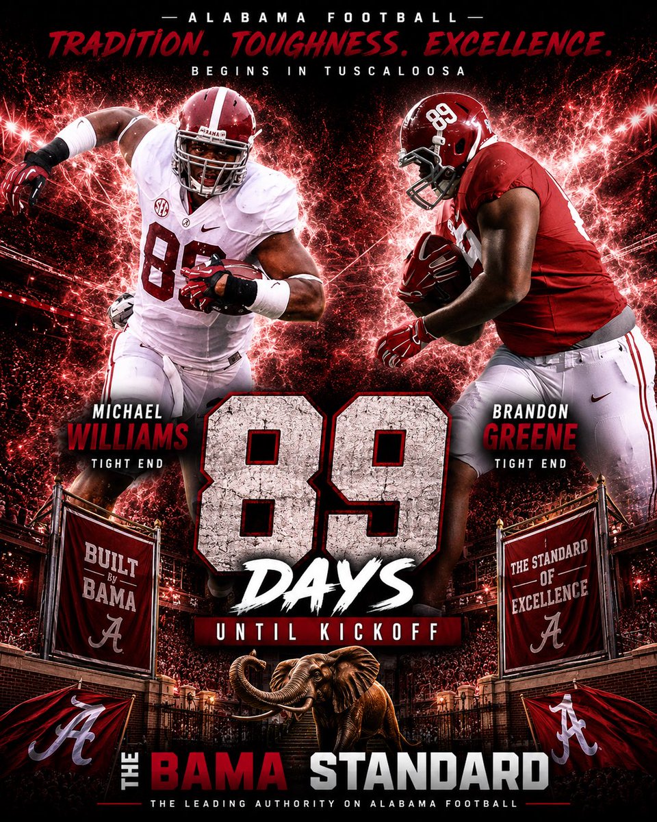 TheBamaStandard's tweet photo. We are 89 days away from Alabama kicking off the 2026 season! 🔥
Featured Players: Michael Williams & Brandon Greene
#CollegeFootball #RollTide #BamaFactor https://t.co/BW8Y4Montm