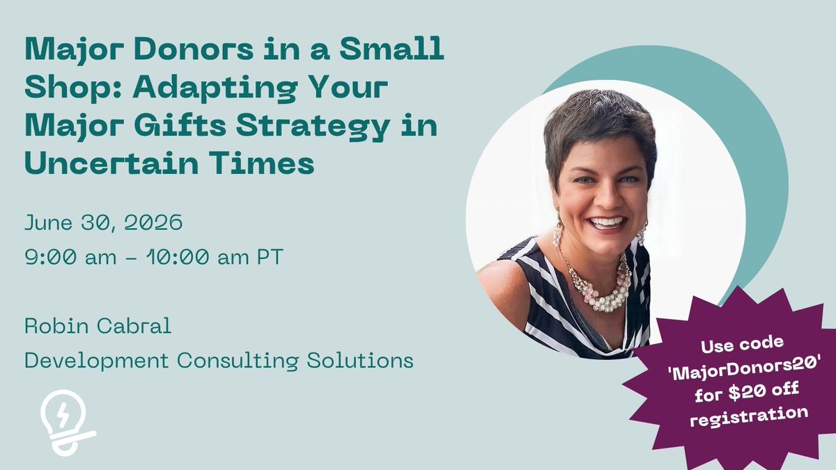 RobinCabralCFRE's tweet photo. I’m leading a workshop on June 30:
“Major Donors in a Small Shop: Adapting Your Major Gifts Strategy in Uncertain Times.”
🎟 Use code MajorDonors20 for $20 off
🔗 https://t.co/AMTYWLlNgN

@nonprofitll https://t.co/2w9EF0gVO0