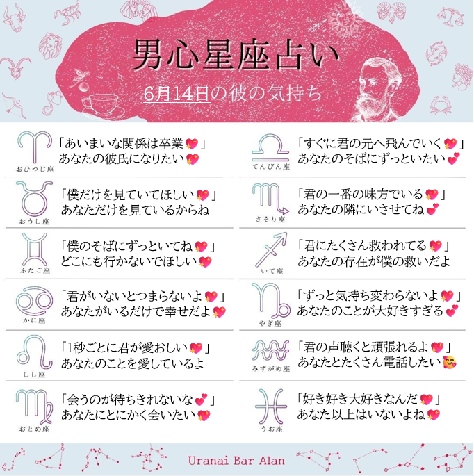 themoontokyo's tweet photo. 6/14 彼の本音
牡羊座♈あいまい卒業
牡牛座♉️僕だけ見て
双子座♊️そばにいて
蟹座　♋️君いないとつまらない
獅子座♌️毎秒愛おしい
乙女座♍️会うの待ちきれない
天秤座♎️すぐ飛んでく
蠍座　♏️一番の味方
射手座♐️君に救われてる
山羊座♑️気持ち変わらない
水瓶座♒️声聴きたい
魚座　♓️好き好き大好き https://t.co/SixB5YK2NT