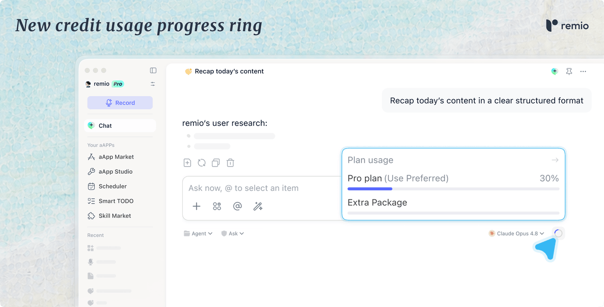 remio_ai's tweet photo. ⭕️ New credit usage progress ring.
 
Credit usage is now easier to track with a visual progress ring. You can see your current consumption and remaining balance at a glance, making it simpler to manage AI usage during everyday work.
