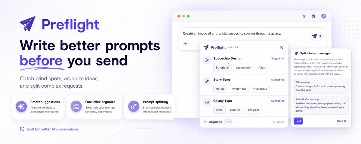 jesselu_dev's tweet photo. @ProductHunt Working on Preflight! A realtime prompt suggestion extension! Launching on PH this Wednesday! https://t.co/Cf0Owkgmi5