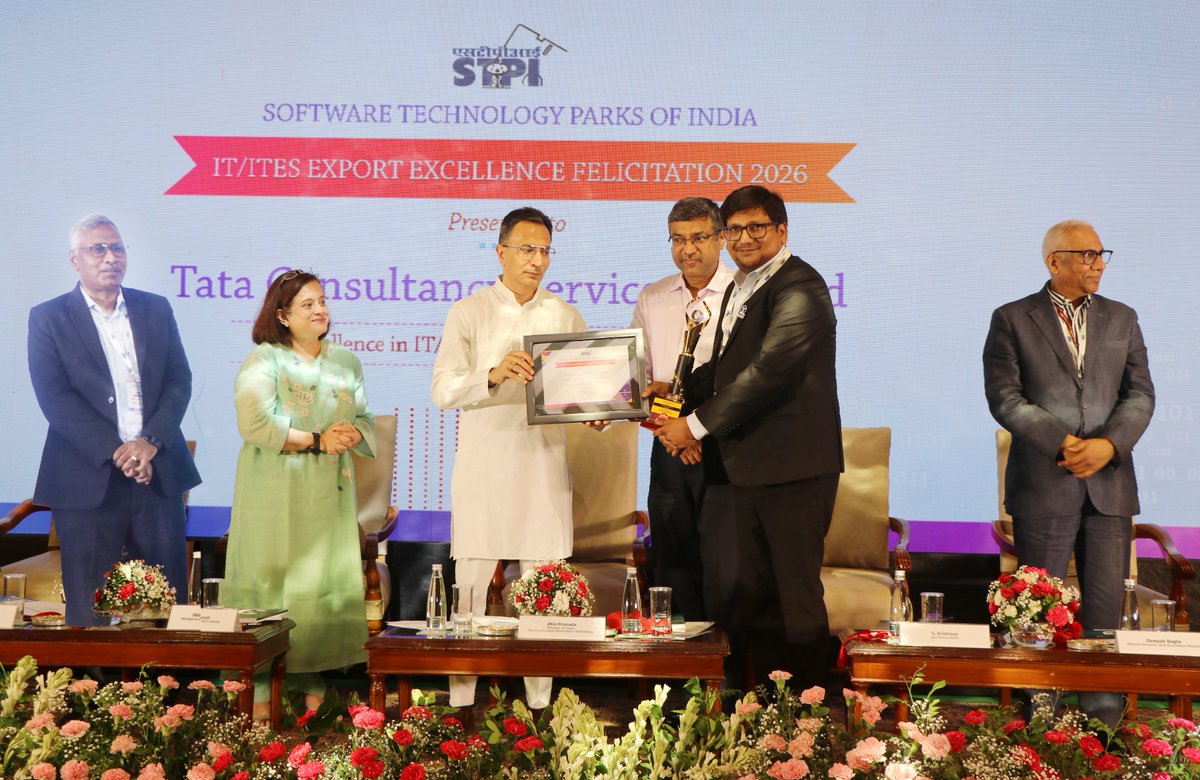 stpiindia's tweet photo. Excellence in IT/ITeS Exports

🏆 Congratulations to the winners of the Excellence in IT/ITeS Exports category, felicitated during STPI Tech Summit 2026: India's Next Leap.

🥇 Top Performer – Tata Consultancy Services Limited
🥈 2nd Best Performer – Infosys Limited
🥉 3rd Best Performer – Accenture Solutions Private Limited

These recognitions celebrate their outstanding contribution to India's IT/ITeS export ecosystem through innovation, operational excellence and global competitiveness, further strengthening India's position as a leading technology powerhouse.

Wishing all the winners continued success in driving innovation and creating global impact.

#STPITechSummit2026 #IndiasNextLeap #STPI #ITExports #ITeS #DigitalIndia #Innovation #TechnologyLeadership

@GoI_MeitY @AshwiniVaishnaw @JitinPrasada @SecretaryMEITY @arvindtw @_DigitalIndia @NeGD_GoI @startupindia @NICMeity @investindia @NITIAayog  @rnivruti @debjani_ghosh_ @inregistry @NIELITIndia @cdacindia @_BHASHINI @DPIITGoI @intel @escnewdelhi @guptaa_sanjay @TiEDelhi @OfficialINDIAai @DeepakBagla_ @guptaa_sanjay @TCS @Accenture @Infosys @TigerAnalytics
