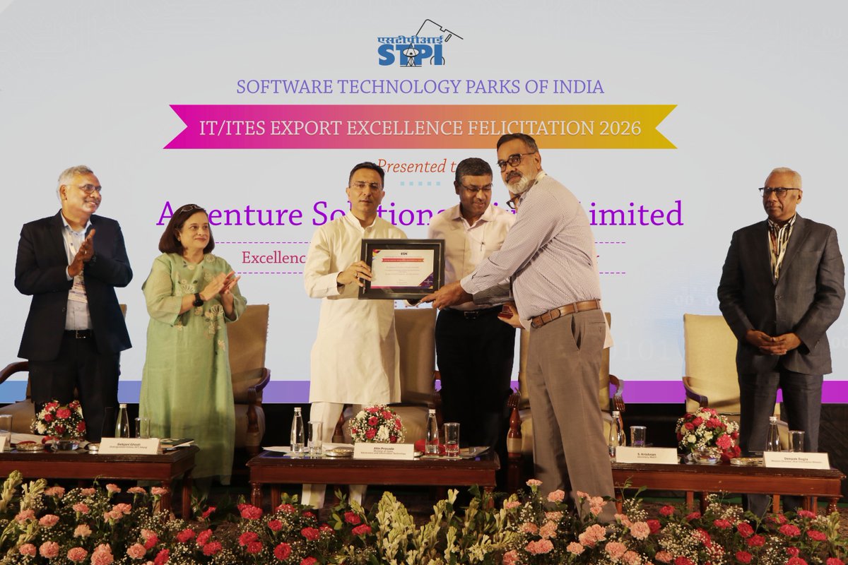 stpiindia's tweet photo. Excellence in IT/ITeS Exports

🏆 Congratulations to the winners of the Excellence in IT/ITeS Exports category, felicitated during STPI Tech Summit 2026: India's Next Leap.

🥇 Top Performer – Tata Consultancy Services Limited
🥈 2nd Best Performer – Infosys Limited
🥉 3rd Best Performer – Accenture Solutions Private Limited

These recognitions celebrate their outstanding contribution to India's IT/ITeS export ecosystem through innovation, operational excellence and global competitiveness, further strengthening India's position as a leading technology powerhouse.

Wishing all the winners continued success in driving innovation and creating global impact.

#STPITechSummit2026 #IndiasNextLeap #STPI #ITExports #ITeS #DigitalIndia #Innovation #TechnologyLeadership

@GoI_MeitY @AshwiniVaishnaw @JitinPrasada @SecretaryMEITY @arvindtw @_DigitalIndia @NeGD_GoI @startupindia @NICMeity @investindia @NITIAayog  @rnivruti @debjani_ghosh_ @inregistry @NIELITIndia @cdacindia @_BHASHINI @DPIITGoI @intel @escnewdelhi @guptaa_sanjay @TiEDelhi @OfficialINDIAai @DeepakBagla_ @guptaa_sanjay @TCS @Accenture @Infosys @TigerAnalytics