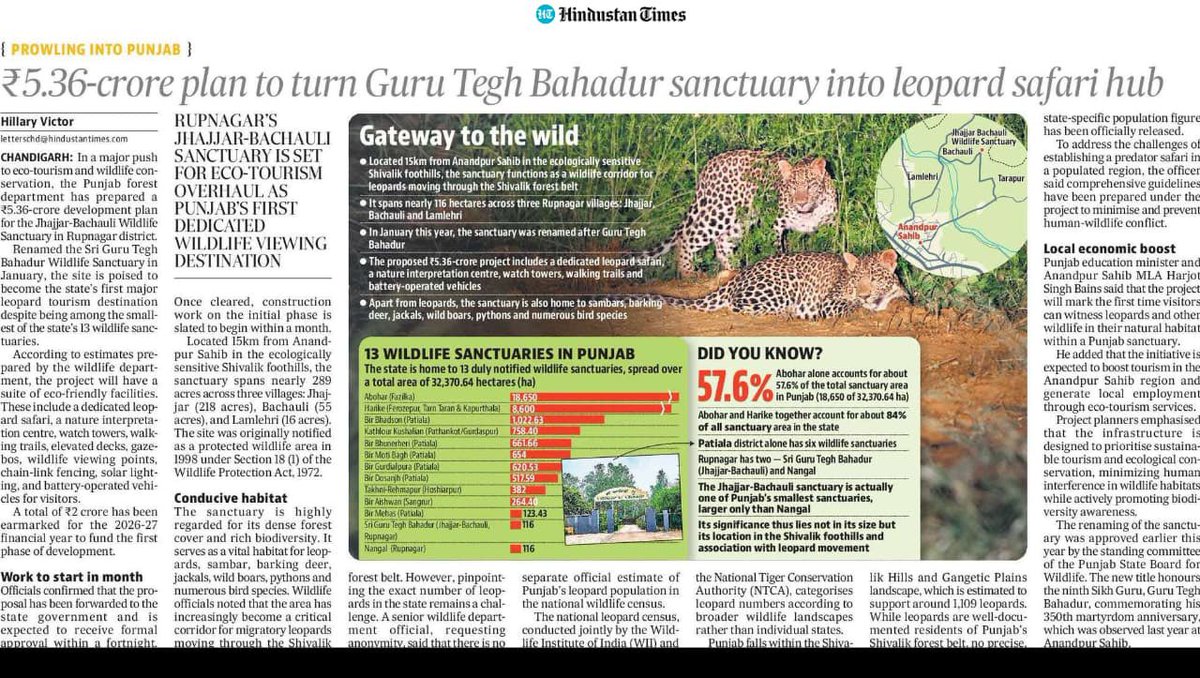 harjotbains's tweet photo. Great news for Anandpur Sahib!

The Sri Guru Tegh Bahadur Wildlife Sanctuary, just 15km from Anandpur Sahib, is getting a ₹5.36 crore eco-tourism makeover — leopard safari, watch towers, nature trails and more.

For the first time, people will be able to see leopards in their natural habitat within a Punjab sanctuary. 

En route Anandpur Sahib to Mata Naina Devi, this sanctuary will boost tourism, create jobs, and celebrate nature. 

#AnandpurSahib #Punjab #EcoTourism