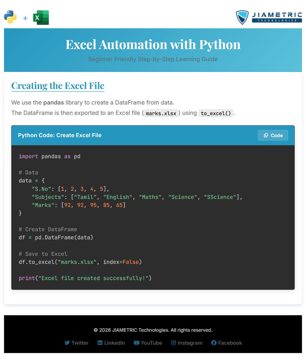 jiametric's tweet photo. Excel Use பண்ணாம, Python மூலமாக மட்டுமே இந்த Excel Tableல இப்ப படிச்சிட்டு இருக்க ஒரு Intern உருவாக்கினார்.

இந்த ஒரு Tableல Create பண்றது மூலமா, அந்த Tableல இருக்க ஒரு 18 Parametersஐ Python மூலமா நீங்க Control பண்ணலாம். 

Like 
Font Styles, Colors, Borders, Cell Height and Widths..Etc

Python Use பண்ணி Excel Automate பண்றத
- இப்ப படிச்சிட்டு இருக்க Students.
- வேலை தேடிட்டு இருக்க Students.
- Working Professionals
- PhD பண்ணிட்டு இருக்கிறவங்க. 
கண்டிப்பா Excel Automation கத்துக்கோங்க.