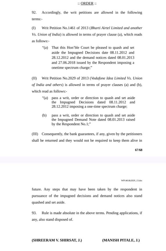 aseemmanchanda's tweet photo. Breaking : Bombay Highcourt has set aside One Time Spectrum charge (OTSC) of #VodafoneIdea and Bharti Airtel.

Relief for both companies will be around 20,000 crs.

Bank Guarantee will also be returned. https://t.co/tETXkEOYBY
