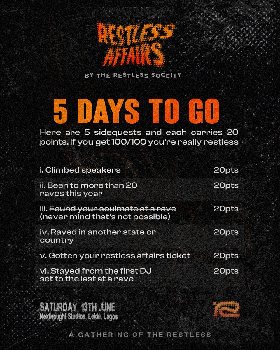 restlessociety's tweet photo. Happy Restless Affairs week to all who celebrate!!!

We have come up with a couple of activities to keep us engaged for the next five days so go crazyyy🔥🔥🔥

Remember, tickets are still available on our website🫶🏾 https://t.co/1T8rsNSPyi
