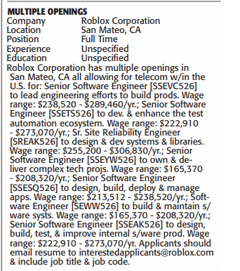 JobsNowPR's tweet photo. Roblox is advertising a full engineering team's jobs in this week's SF Chronicle classified ads
but none of these 200k+ jobs are listed on their career website!

the truth is these jobs are already filled with immigrants on visas, and they won't hire Americans to fill them https://t.co/Rgf8im49gz
