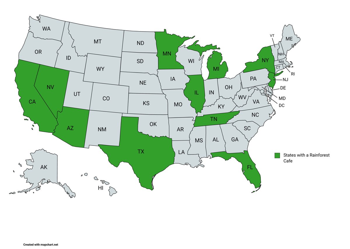 vintagemapstore's tweet photo. U.S. states with a Rainforest Cafe https://t.co/H8mXmRUZiR