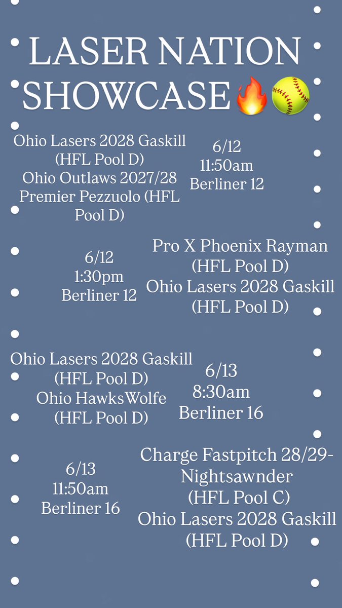 MorganHarp2028's tweet photo. Laser Nation Showcase🔥🥎 Hope to see you there! 
@OhioLasersBlue @BGSBucsSoftball @ToledoSoftball @Pitt_SB @BallStateSB @OhioStateSB https://t.co/FClISvsxcA