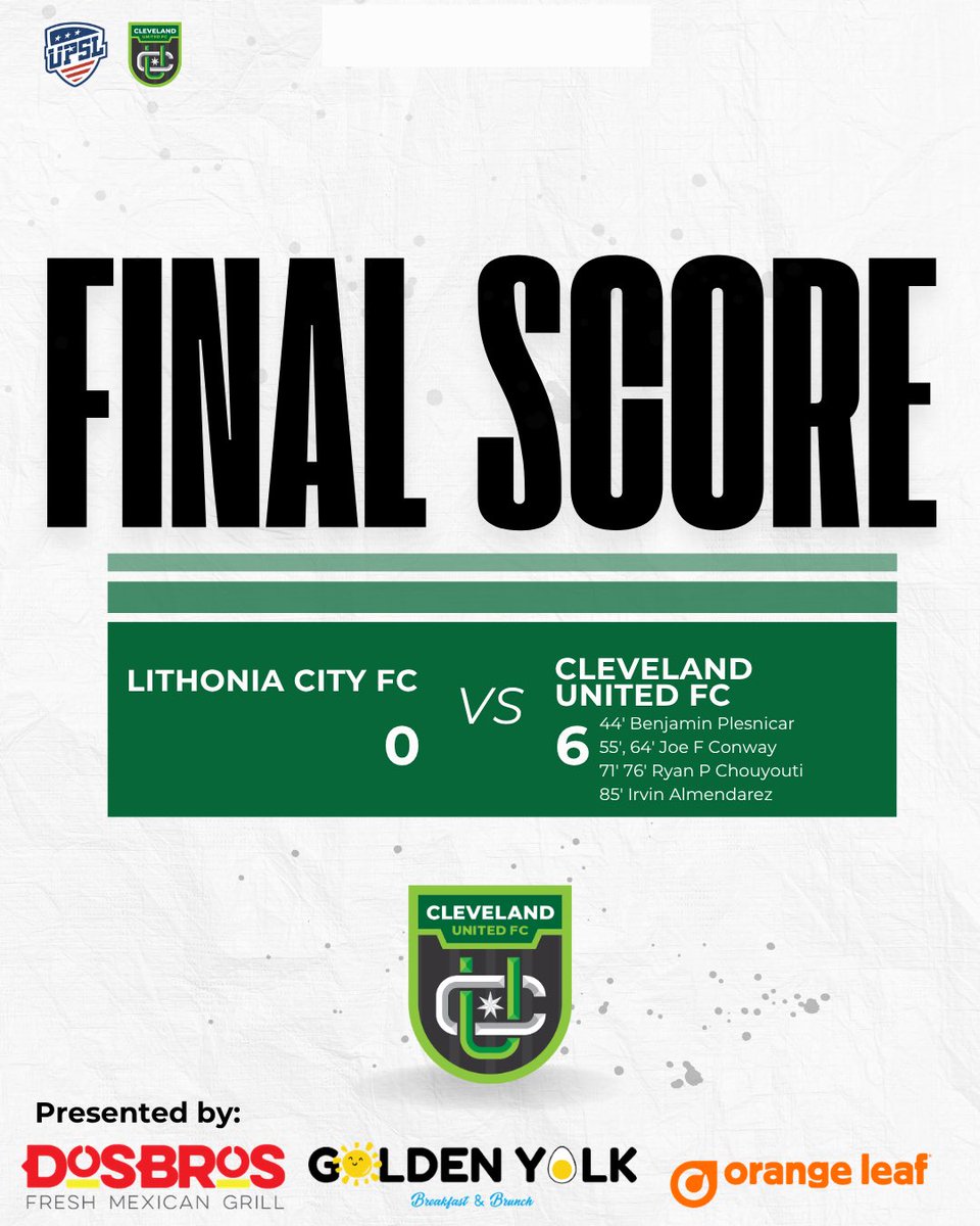ClevelandUtdFC's tweet photo. 6 goals. 3 points. Job done. ✅
.
The boys finished the regular season in style with a 6-0 win on the road.
.
Now we wait to see if the results fall our way next weekend and punch our ticket to the playoffs. 👀
#WeAreCUFC https://t.co/fTdO9UJVFW