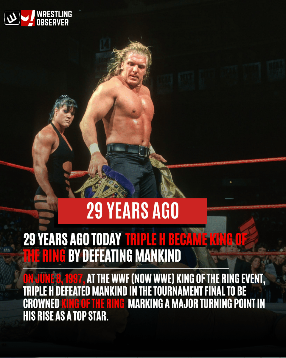 WONF4W's tweet photo. ON THIS DAY | JUNE 8

29 years ago, Triple H made history by winning the 1997 King of the Ring after defeating Mankind in the final. A night that didn’t just crown a winner  it created a future WWE icon.

Source: WWE Archives (King of the Ring 1997) https://t.co/f5HQ4UZLAx