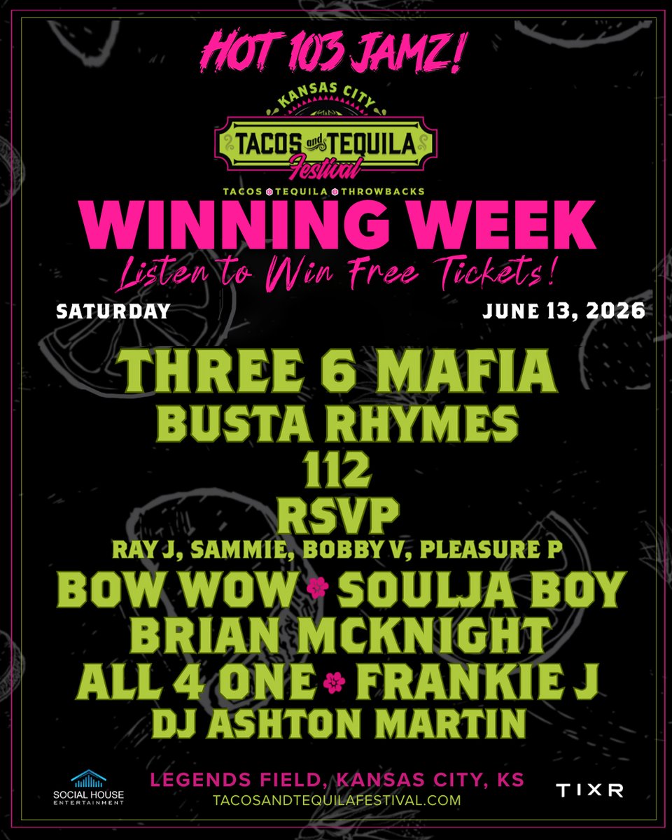 Hot103Jamz's tweet photo. Listen ALL WEEK to WIN TICKETS to the TACOS and TEQUILA Festival! The BIGGEST throwback party of the YEAR IS HERE - and YOU COULD BE GOING! PLUS... EVERY ticket winner will be qualified for the GRAND PRIZE pair of VIP Tickets!!! Must be 21 + to attend. Just lock it on YOUR NUMBER ONE for Hip-Hop, R&B, and throwbacks.... Hot 103 Jamz!