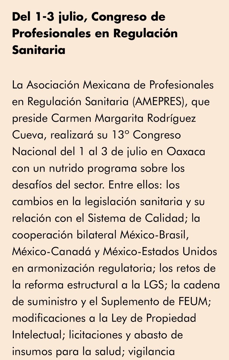 MaribelRCoronel's tweet photo. La Asociación Mexicana de Profesionales en Regulación Sanitaria (AMEPRES) realizará su 13º Congreso Nacional del 1 al 3 de julio en Oaxaca, donde abordará temas como los cambios en la legislación sanitaria, armonización regulatoria, reforma a la LGS, licitaciones y abasto de insumos para la salud, vigilancia sanitaria, inteligencia artificial, salud digital, farmacovigilancia, resistencia antimicrobiana, sincronización aduana-SAT, biosimilares y terapias avanzadas, entre otros desafíos para la industria farmacéutica. 

https://t.co/AxCvZcd67s