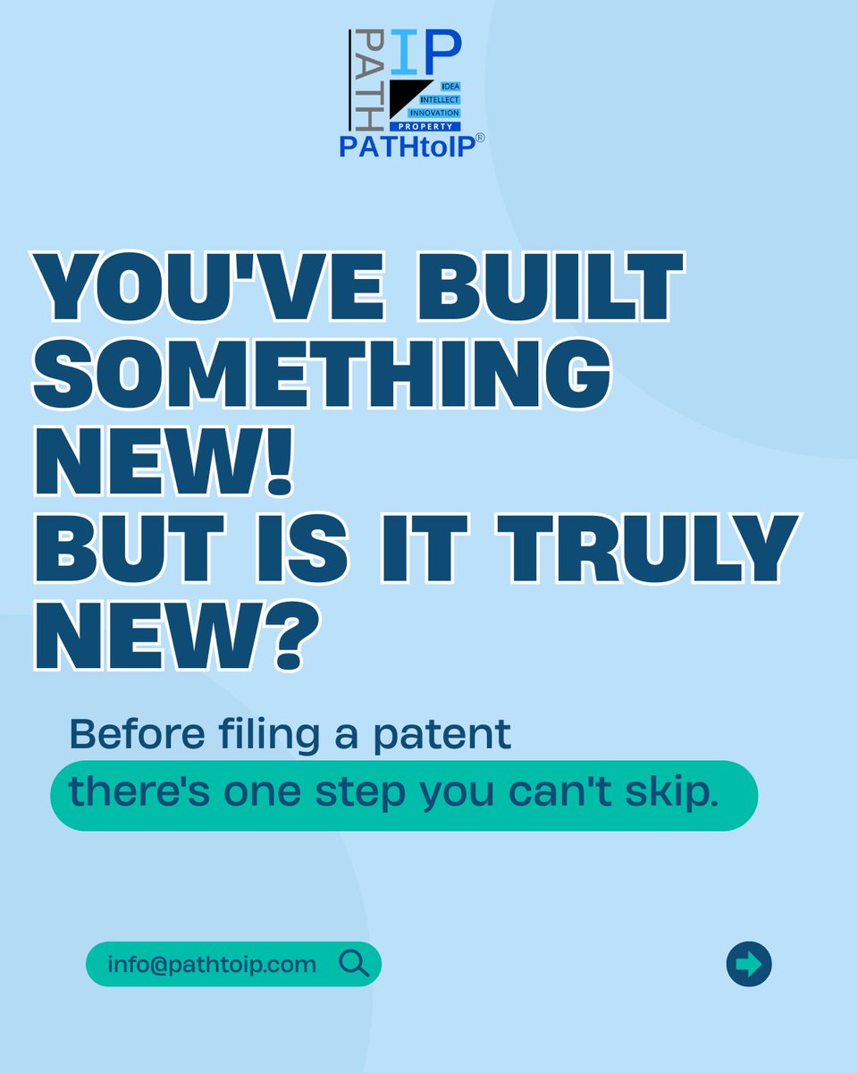 pathtoip's tweet photo. A patent application is only as strong as the search behind it.
Before you file, know where your invention stands.
Learn what a Patentability Search covers and why it's the step you can't afford to skip.
📩 info@pathtoip.com https://t.co/MLWtaGavxd
