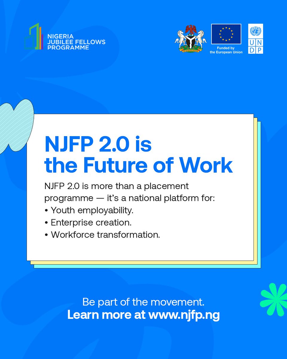 nnngo's tweet photo. 23,724 fellows.

Thousands of opportunities.

One national vision.

NJFP 2.0 is scaling youth employability and workforce development across Nigeria.
The Nigeria Jubilee Fellows Programme (NJFP) led by the Federal Government of Nigeria, with support from the European Union (EU) and implemented by the United Nations Development Programme (UNDP) exists to support graduates as they navigate complex labour markets to access meaningful work and employment after they graduate. It serves as a bridge connecting fresh graduates to work opportunities that exist within public and private sector entities.

Like to be part of this future of work? 
Join now at: https://t.co/YUk3PXsKEW

#CallToAction
#NJFP 
#NJFP2_0 
#ProudlyJubilee 
#JubileeFellows 
#HostWithNJFP
#SustainableDevelopmentGoals
#LeavingNoOneBehind
#GlobalGoals
