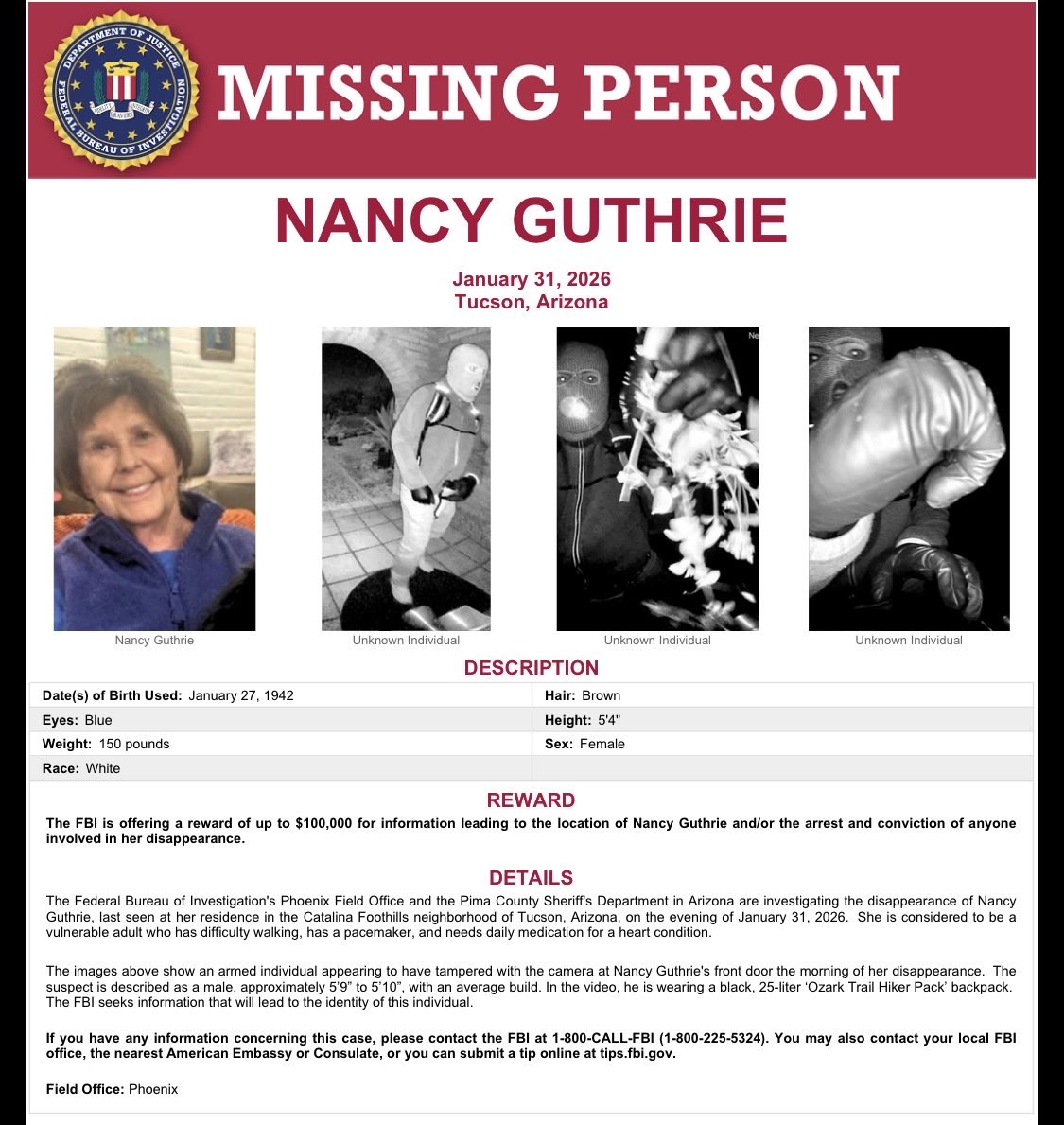 MurphyFralick's tweet photo. Day 128 Where's Nancy Guthrie. Any tips please call 1-800-CALL-FBI. 1.2million dollar reward. https://t.co/gYZwIJYyKZ