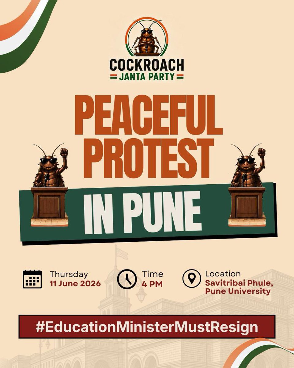 Cockroachisback's tweet photo. Cockroaches will demand Education Minister Dharmendra Pradhan’s resignation in Maharashtra’s educational capital Pune. 

How many Pune cockroaches will join?

Date: 11th June
Time: 4 PM
Location: Savitribai Phule Pune University https://t.co/44eDdmHUMQ