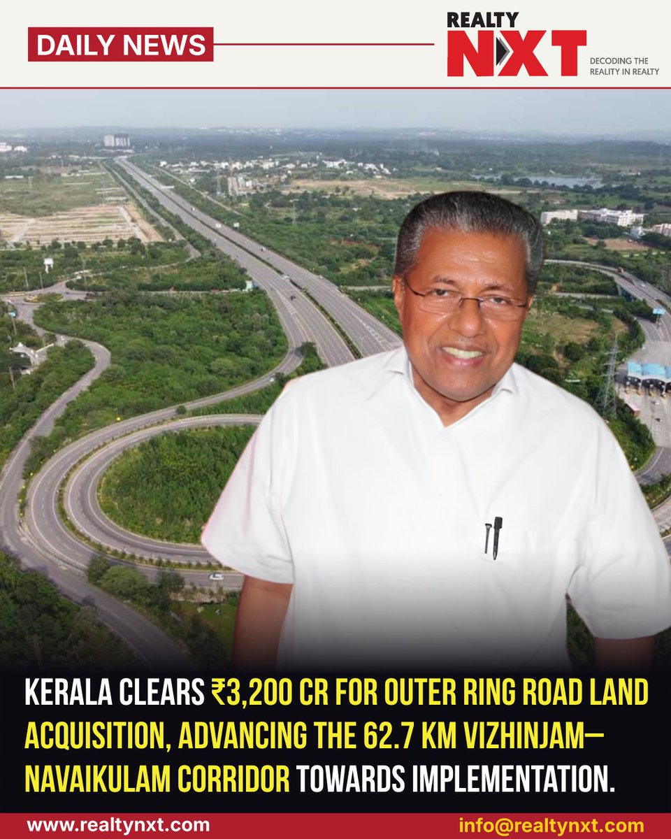 RealtyNXT's tweet photo. #News | Kerala clears ₹3,200 crore for ORR land acquisition. The 62.7-km Vizhinjam–Navaikulam project is valued at ₹28,004.72 crore.

#RealtyNXT #ThiruvananthapuramORR #KeralaInfrastructure #Vizhinjam #Navaikulam #NH866 #NHAI #Bharatmala https://t.co/YOxCxH6tQP