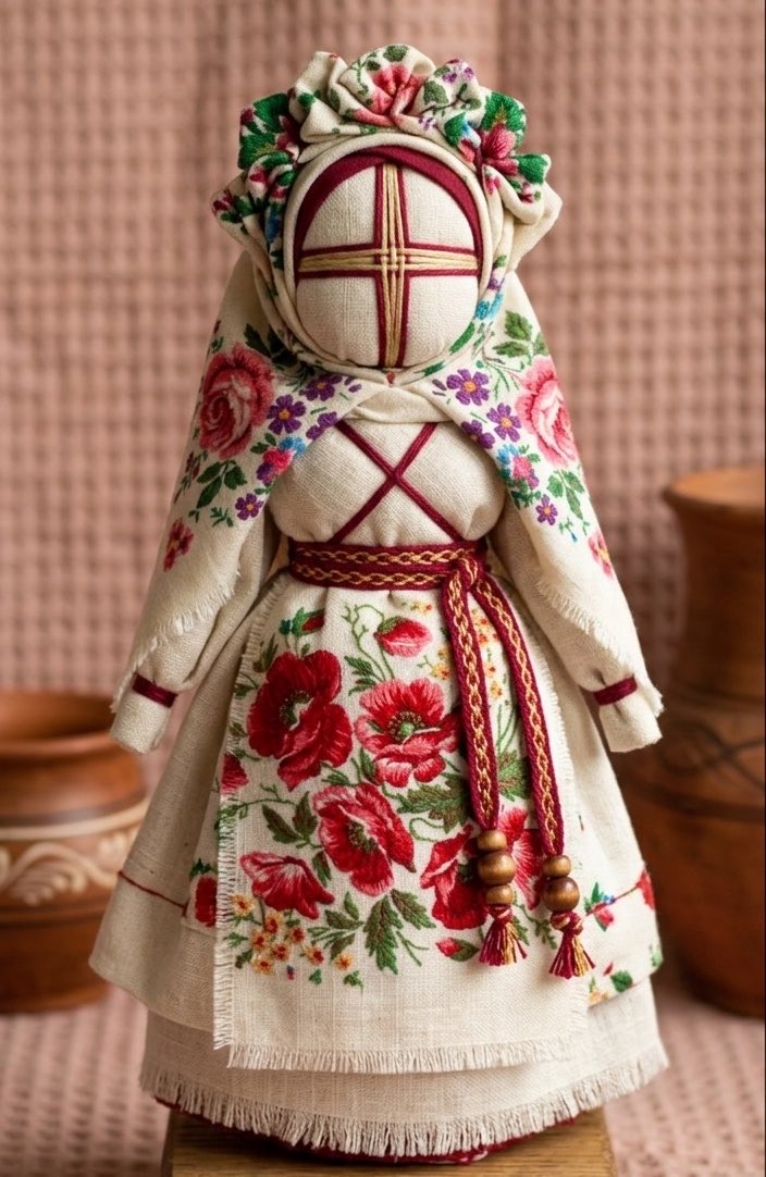 Ukrainian_dolls's tweet photo. 🌸 "Malva" Amulet Doll 🧿
Symbolism:
 🌟 Sacral Cross (on the face): Powerful protection against the evil eye, illnesses, and negative thoughts.
 🌺 Red Poppies: Defense against evil, symbols of beauty, prosperity, and ancestral memory.
 🌹 Pink Roses: Symbols of love, harmony, and rebirth.
 🧵 Woven Belt: Connection to ancestors and life support/stability.
Purpose: 🏡 Protects peace and coziness in the home, attracts prosperity, and shields the family from negativity. ✨