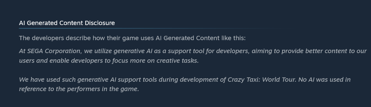 currentlysneeds's tweet photo. @ManletThorin It's funny how the AI disclosure for the new Crazy Taxi goes out of its way to clarify that no voice actors were replaced, as if that's crossing some kind of sacred line https://t.co/nfQ7UN0YwM