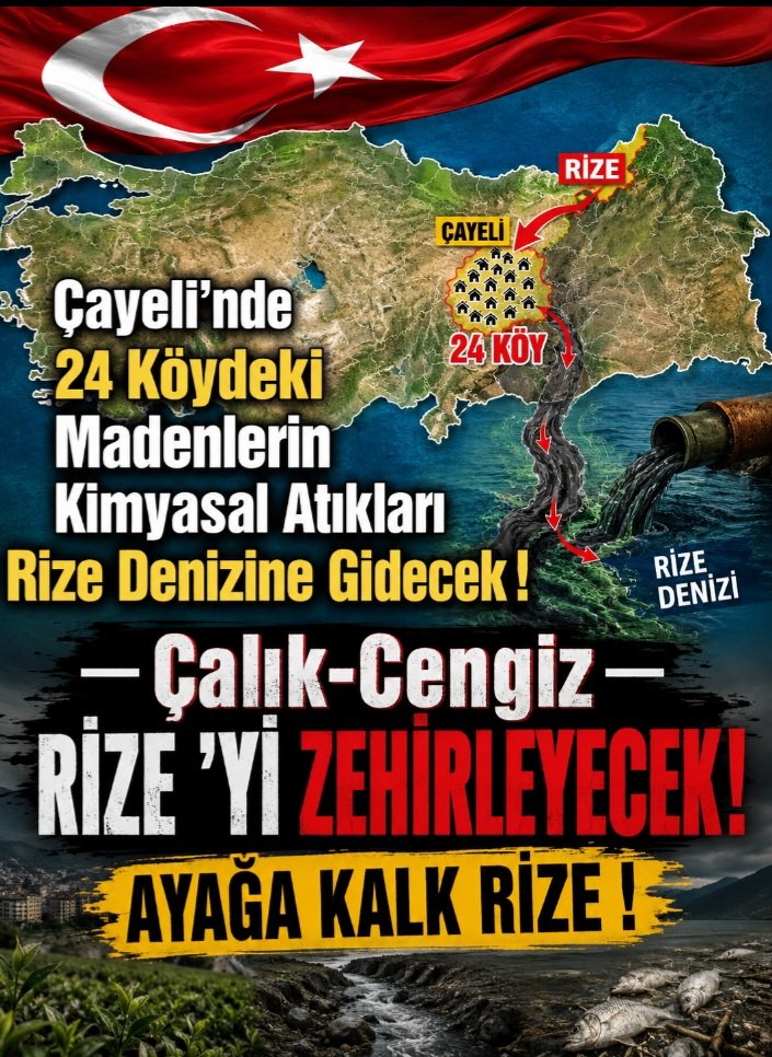 karinca2024's tweet photo. RİZE DENİZİ ZEHİRLENECEK!
Rize Çayeli'nde 24 köyü kapsayan dördüncü grup madencilik projesi yalnızca Çayeli'ni ilgilendirmiyor. Çünkü Çayeli denize çok yakın bir bölgede bulunuyor. Bu alanlarda yürütülecek madencilik faaliyetlerinden ortaya çıkacak kimyasal atıklar ve ağır metaller dereler aracılığıyla Karadeniz'e ulaşacak, Rize'nin denizi zehirlenecek. Bu kirlilik sadece denizi değil, bölgenin tarımını, çay üretimini, hayvancılığını ve insan sağlığını da tehdit ediyor. Çayeli'nin komşusu Gündoğdu başta olmak üzere tüm çevre yerleşimler bu kirlilikten etkilenecek. Toprağa, suya ve havaya karışan zehirli maddeler yaşamı tehdit ederken, bölgede sağlık sorunlarının ve kanser vakalarının artmasına dair endişeleri de büyütüyor. Karadeniz'in dereleri denize, deniz de yaşamın kendisine akar. Bir köyde başlayan kirlilik, bütün bölgenin geleceğini etkiler. Bu nedenle Çayeli'nde 24 köyün karşı karşıya olduğu tehdit, aslında tüm Rize'nin, Karadeniz'in ve gelecek nesillerin sorunudur.
Çay bahçeleri, dereler, ormanlar, hayvanlar ve insanlar için ses olalım. Rize'nin denizinin zehirlenmesine, yaşam alanlarının madencilik uğruna yok edilmesine izin vermeyelim. Çernobil'in etkilerini yaşamaya devam ederken bir de bu ağır kimyasalllardan sevdiklerimizi kanserden kaybetmeyelim..

  Allah'ın var ettiği doğaya, toprağa savaş açılmaz! 

#MADENEİNATYAŞASINTOPRAK 
#MadencilikTalanınaDurDe 
#HaydiRizeAyağaKalk 
#TopraksızVatanOlmaz 
@cayeliolay @cayelicom @Cayelibeltr