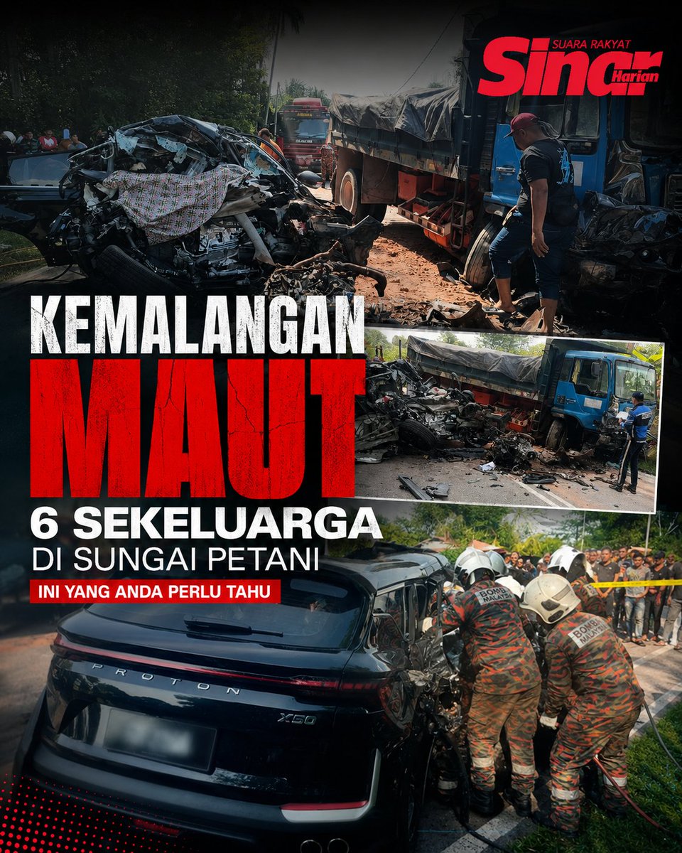 SinarOnline's tweet photo. Kegembiraan tujuh sekeluarga yang menaiki kenderaan utiliti sukan (SUV) Proton X50 baharu yang diterima beberapa jam sebelum itu bertukar tragedi apabila enam daripada mereka maut dalam kemalangan ngeri di Jalan Pinang Tunggal, Sungai Petani pada Ahad.

Berikut merupakan kronologi kemalangan maut yang meragut enam nyawa sekeluarga di Sungai Petani.