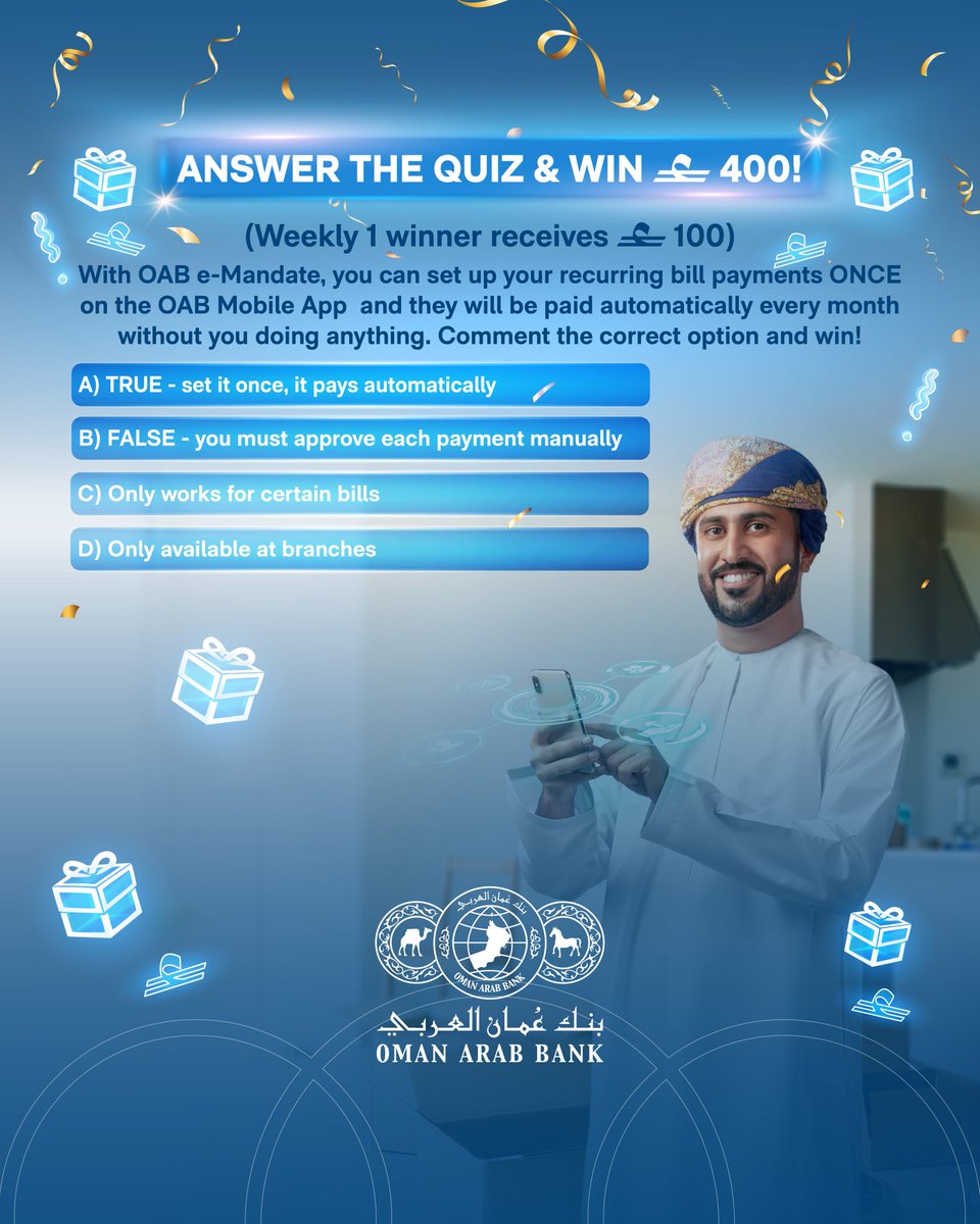 srh185440's tweet photo. @Oman_Arab_Bank @oab A) TRUE- set it once, it pays automatically.
@omani9632
@AmryJlal43190
#OAB #AnswerAndWin #Week3 #OABMobileApp https://t.co/E6U4l1ADEi