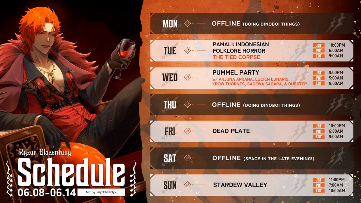 RyzarBlazenfang's tweet photo. 「 dinoboi weekly agenda 」 
⬖ week 75 — june 8 to 14 ⬗

i have a few tasks to handle this week, but that isn’t stopping us from having a fun time together. 🧡

🎨 @/p33shk3yk
#RyzarBlazenfang #RyzarLIVE https://t.co/RLY9vq1m8u