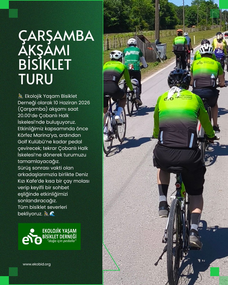 ekobid_org's tweet photo. 🚴‍♂️  EKOBİD olarak 10 Haziran 2026 (Çarşamba) akşamı saat 20.00’de Çobanlı Halk İskelesi’nde buluşuyoruz.
Etkinliğimiz kapsamında önce Körfez Marina’ya, ardından Golf Kulübü’ne kadar pedal çevirecek; tekrar Çobanlı Halk İskelesi’ne dönerek turumuzu tamamlayacağız. https://t.co/6n6wtz1dKF