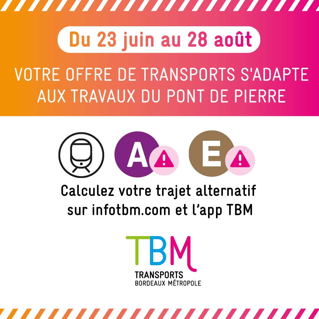 info_tbm's tweet photo. Une nouvelle phase des travaux de consolidation du pont de pierre débute le 23 juin et impactera les trams A et E entre les stations Stalingrad, Sainte-Catherine et les Quinconces jusqu’au 28 août inclus. 🌉

🚏Des solutions de substitution sont mises en place avec le bus relais A et E

🚊Les lignes C, D, F restent accessibles à la station Porte de Bourgogne et effectueront leurs trajets complets en dehors des travaux de maintenance du 17 au 21 août (secteur Quinconces / Sainte-Catherine / Saint-Michel)

🚧 La ligne B sera partiellement interrompue entre le 10 et le 14 août pour des travaux d’entretien (secteur Quinconces / Musée d’Aquitaine en journée, et jusqu’à Pessac Centre/France Alouette après 21h)

♿ Le service Mobi’VELO, à destination des personnes à mobilité réduite, reprend du service entre Stalingrad et Porte de Bourgogne

👉 Calculez dès maintenant votre itinéraire sur le site et l'app TBM

Retrouvez tous les détails de la circulation du réseau TBM cet été sur https://t.co/CNYIMT6Z09

@BxMetropole