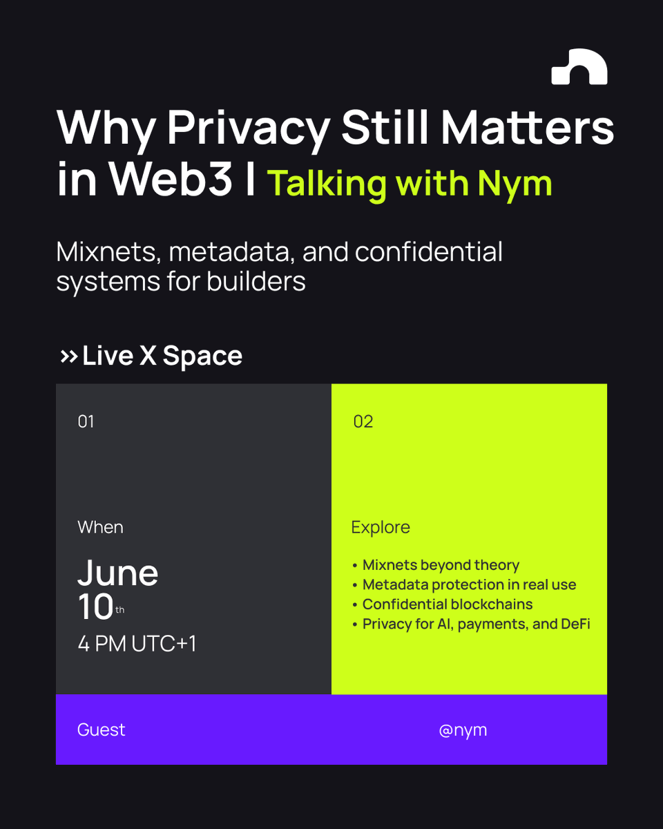 DarBlockchain's tweet photo. Your transaction is only one part of the privacy problem!

Metadata shows timing, routing, frequency, and behavior patterns.

This week, we’re talking with @nym about mixnets, metadata protection, and what this means for builders shipping wallets, payments, DeFi, AI, and privacy-sensitive apps.