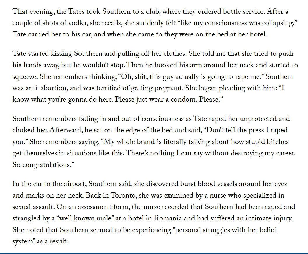 Gadget440's tweet photo. 🚨 BREAKING: The New Yorker has published new details about Lauren Southern’s allegations against Andrew Tate.

According to the article, Southern alleges that after Tommy Robinson brought her to Romania for a supposed business opportunity with Tate, Tate sexually assaulted and strangled her in a hotel room.

The article includes alleged text messages from Southern to Tate afterward, including:

“You literally strangled me when I said I didn’t want to have sex.”
