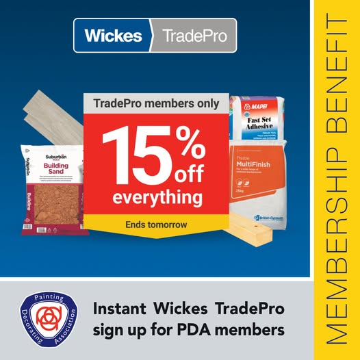 ThePDA's tweet photo. 15% off everything for Wickes TradePro members!
Shop now until 23:59 Tuesday 9 June 2026
Not yet a Wickes TradePro member? As verified trade professionals, PDA members can sign up instantly – no need for extra ID.
https://t.co/l6IhTZScs8 https://t.co/SMTefQRDpB