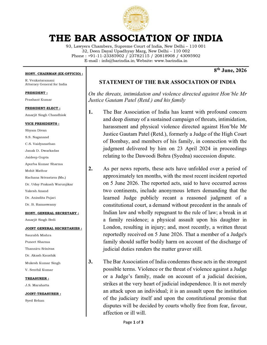 BAI1959's tweet photo. BAI  issued a Statement condemning the reported threats, intimidation, harassment and violence directed against Hon'ble Mr Justice Gautam Patel (Retd.) and his family. @MEAIndia @HMOIndia @HCI_London 
#BarAssociationOfIndia #JudicialIndependence #RuleOfLaw https://t.co/1zRsLKvIeV