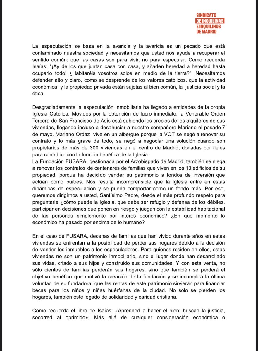 InquilinatoMad's tweet photo. ✉️Hemos dirigido una carta al Papa denunciando el papel de instituciones la Venerable Orden Tercera de San Francisco de Asís y la Fundación FUSARA, dependiente del Arzobispado de Madrid, en la crisis de la vivienda. 

👉Los inquilinos piden al Pontífice que intervenga. https://t.co/P9BZwBl5wl