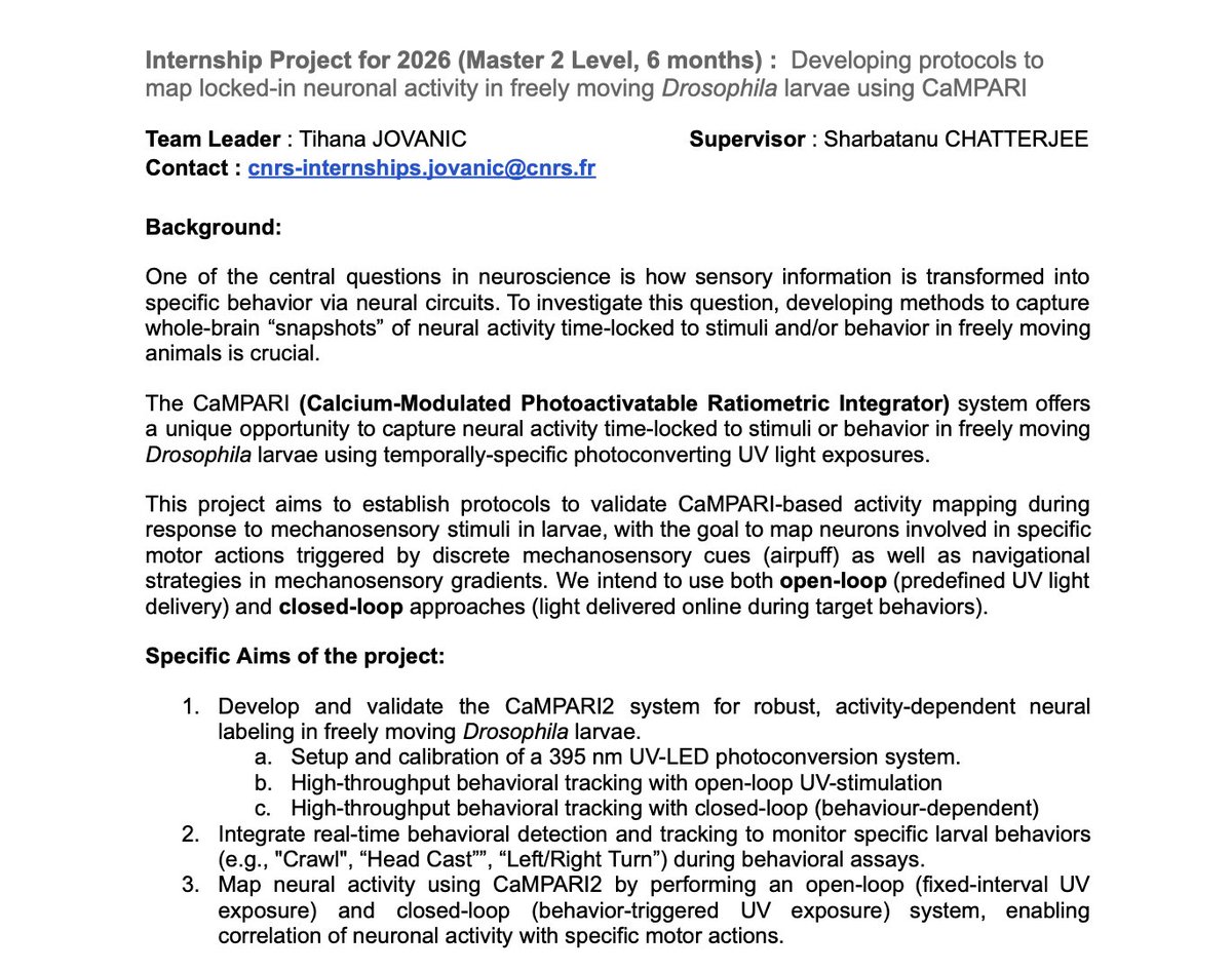 sharbat_c's tweet photo. Open Position for a Master's Internship (6 months) at NeuroPSI in the team of @Tihanana (Tihana Jovanic) on « Developing protocols to map locked-in neuronal activity in freely moving Drosophila larvae using CaMPARI » starting as soon as possible!

Please share widely! https://t.co/BQdJipCkPX